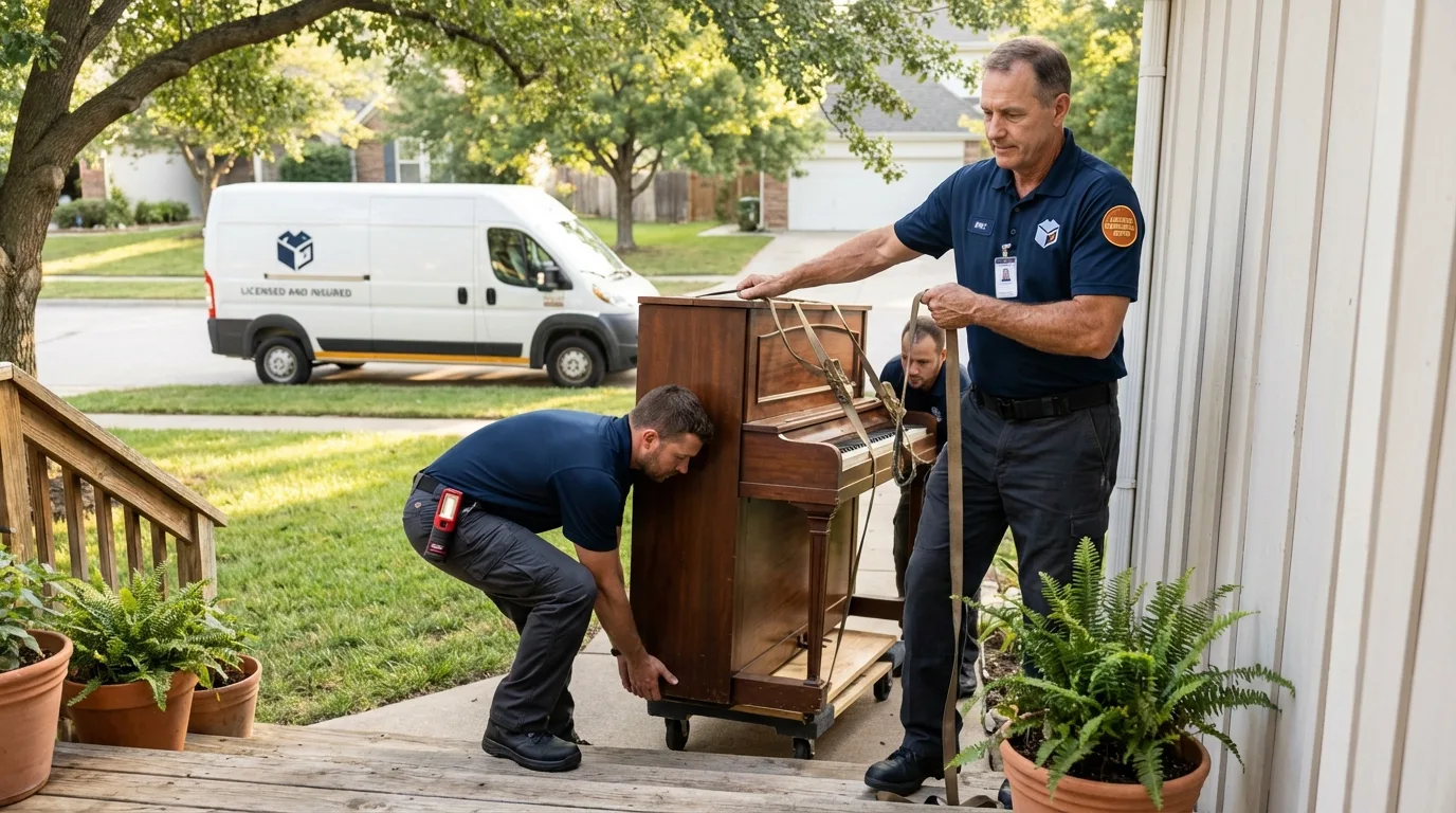 Licensed piano movers securing grand piano in Hallstead, PA