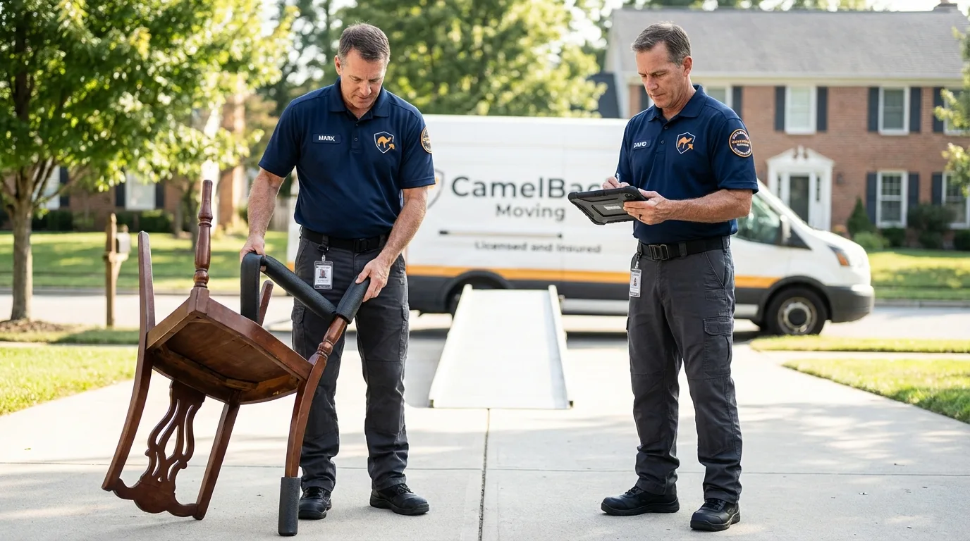 Movers inspecting furniture for damage prevention before loading in Hallstead, PA