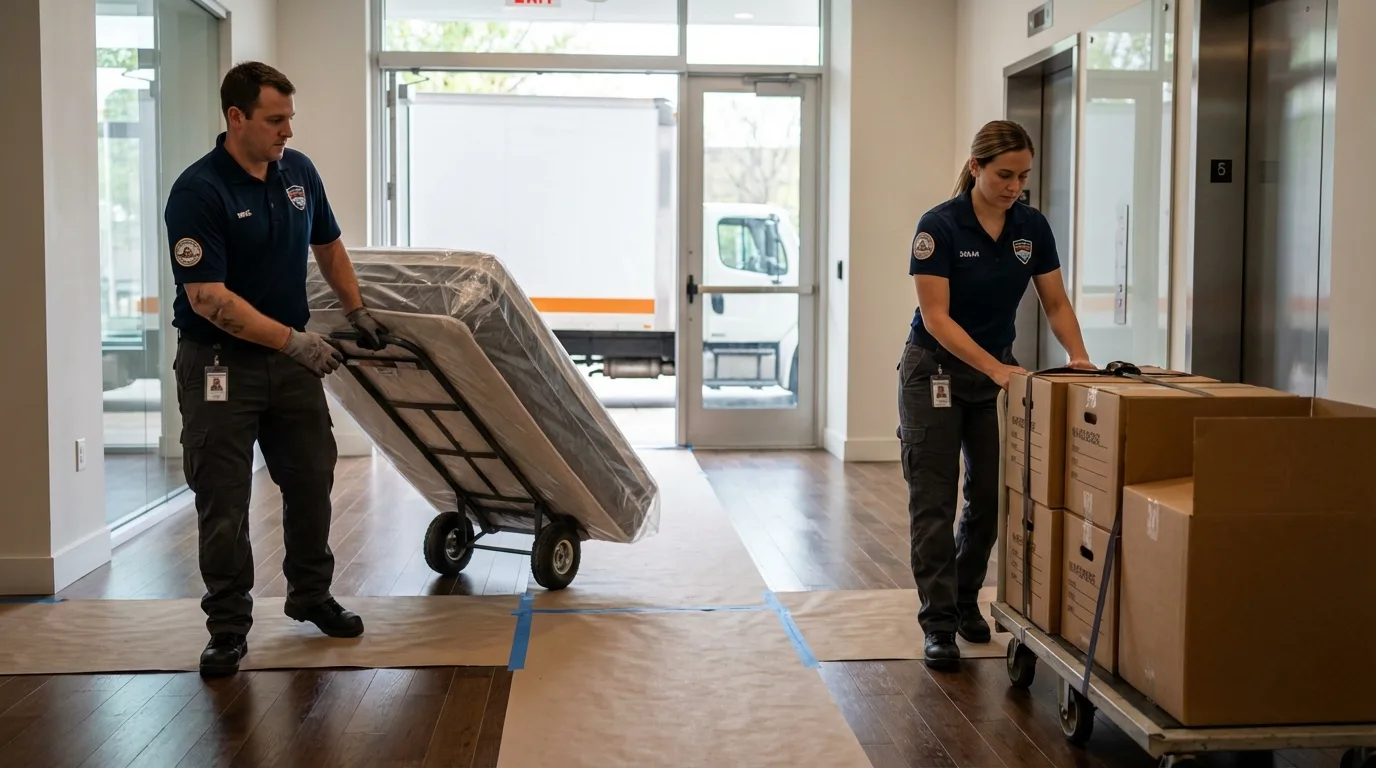Professional apartment movers loading elevator in Hallstead, PA